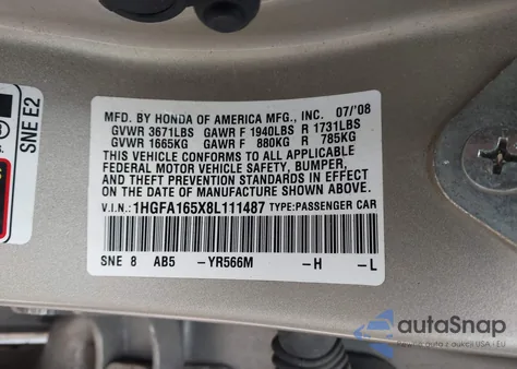 2008 Honda Civic Lx from USA, damaged, VIN 1HGFA165X8L111487